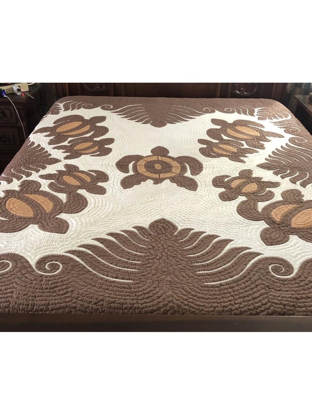 Handmade Reversible Brown Multicolor Hawaiian Design Quilt 83”x83”